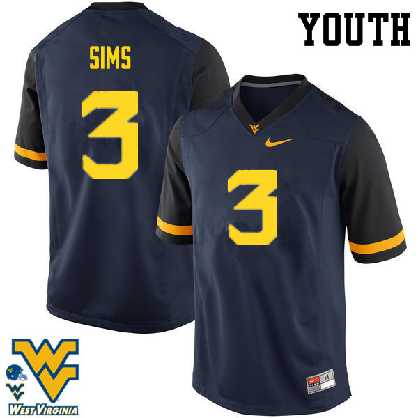 Youth #3 Charles Sims West Virginia Mountaineers College Football Jerseys-Navy - Click Image to Close